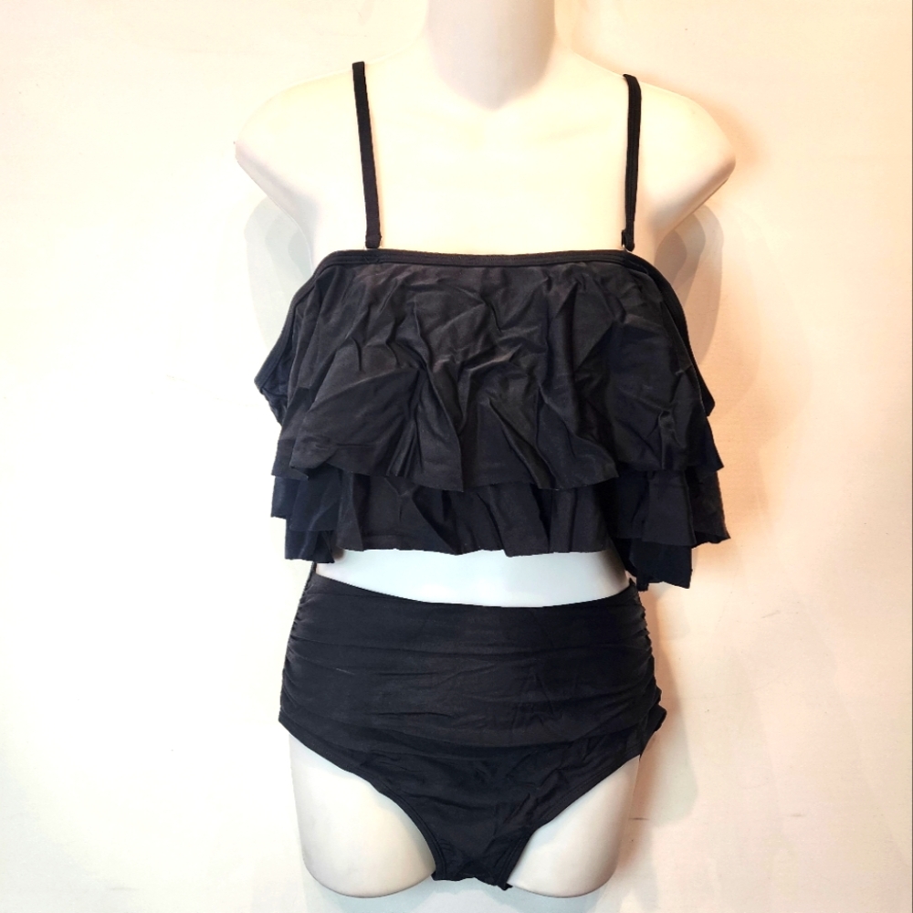 NWT Tempt Me Black Ruffle Two‎ Piece Swimsuit Bikini High Waisted 955 Size M